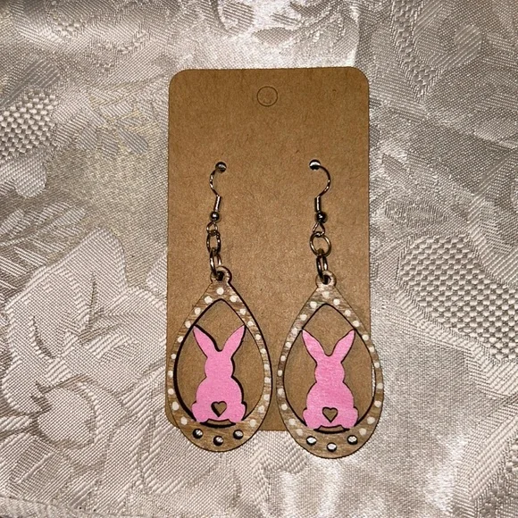 Handmade Pink Bunny Polka Dot Wooden Teardrop Dangle Earrings Easter Spring - Picture 3 of 9